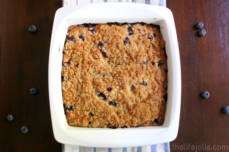 This Blueberry Buckle whips up super quickly. This moist cake is bursting with sweet, juicy blueberries with the most incredible streusel topping.